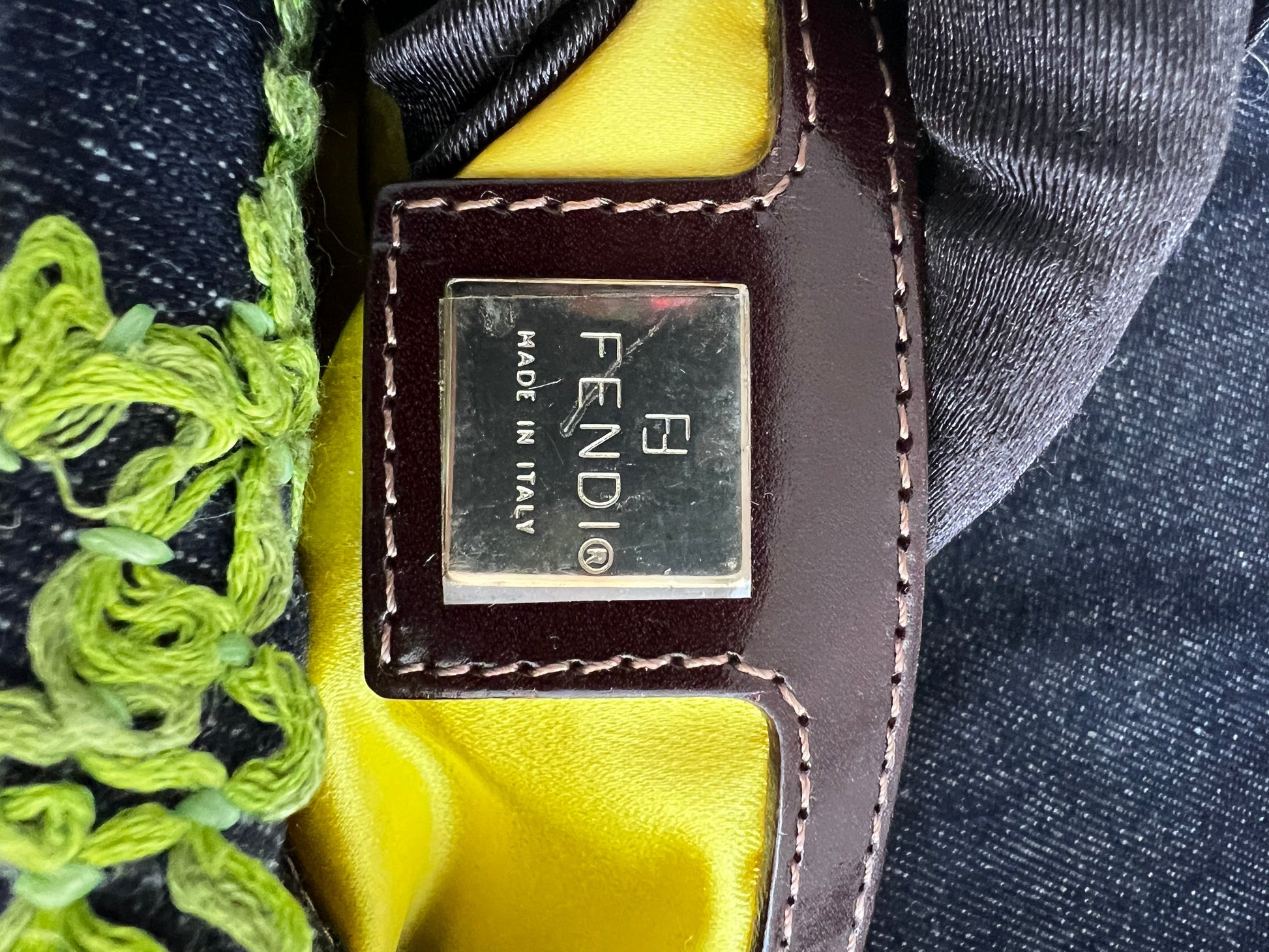 Vintage Fendi raffia raffia embroidered denim baguette