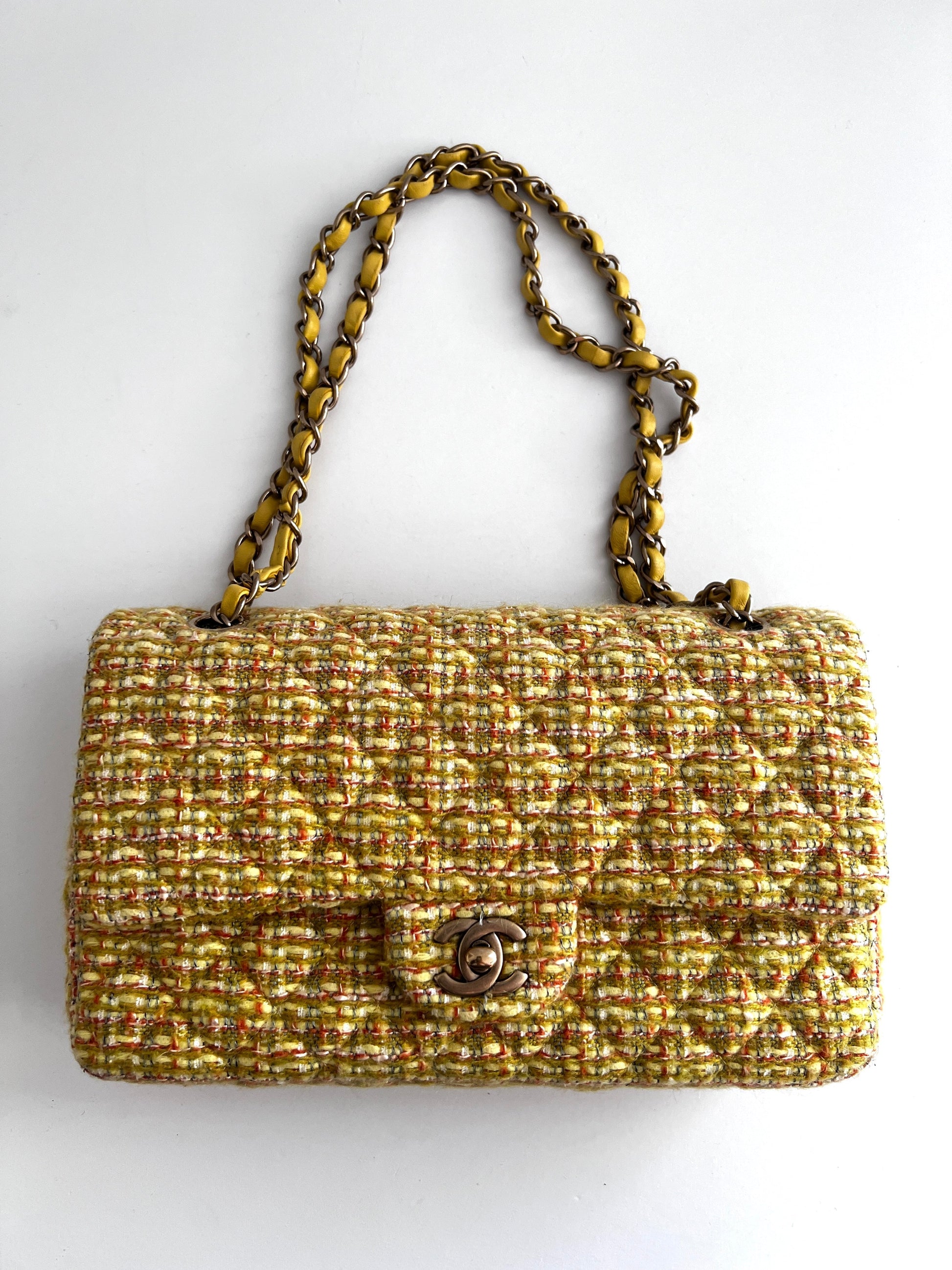 Chanel yellow tweed medium size double flap bag