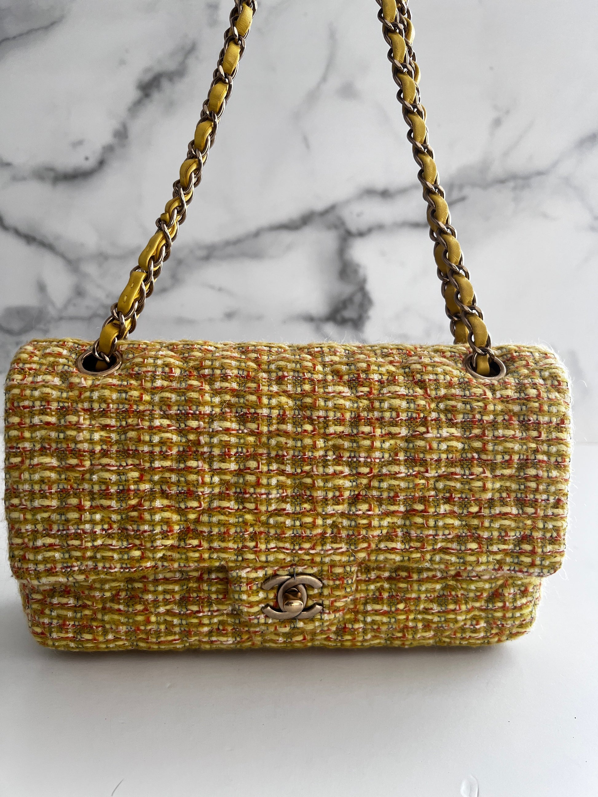 Chanel yellow tweed medium size double flap bag