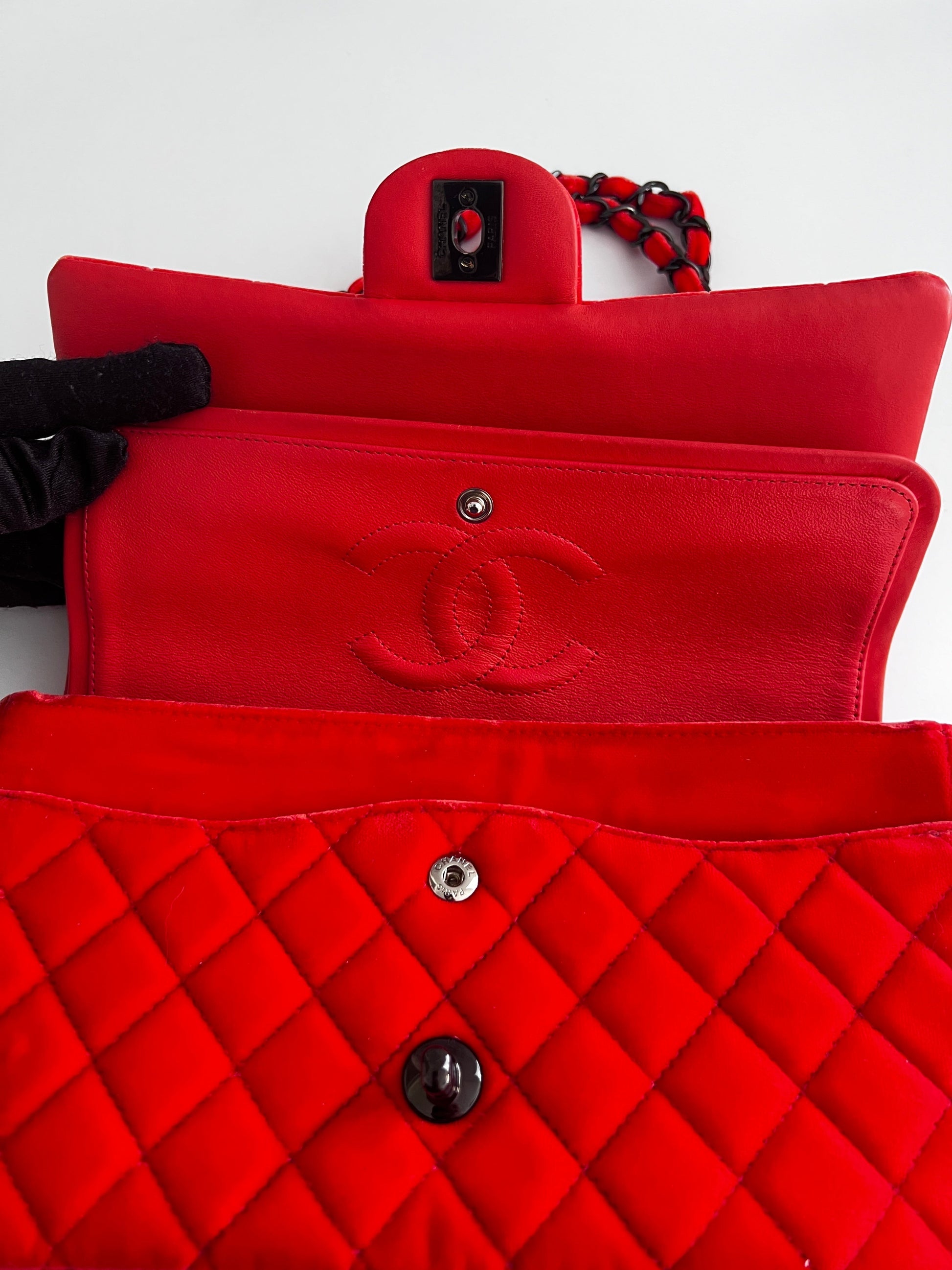 Chanel orange velvet double flap bag medium size