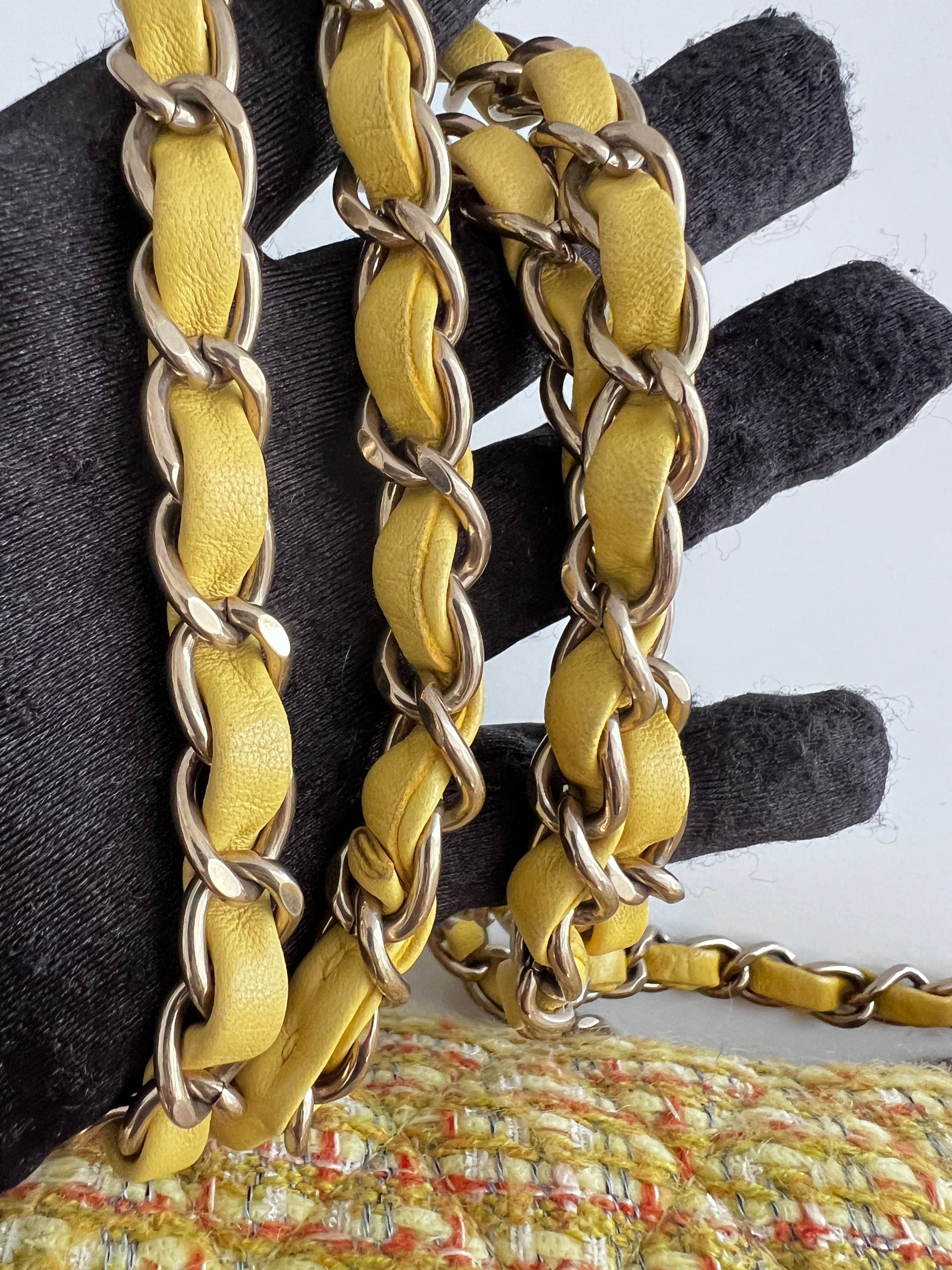 Chanel yellow tweed medium size double flap bag