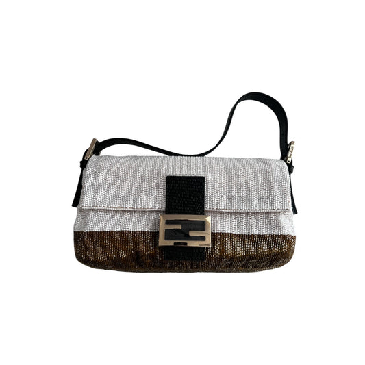 Fendi white & gold beaded lizard baguette