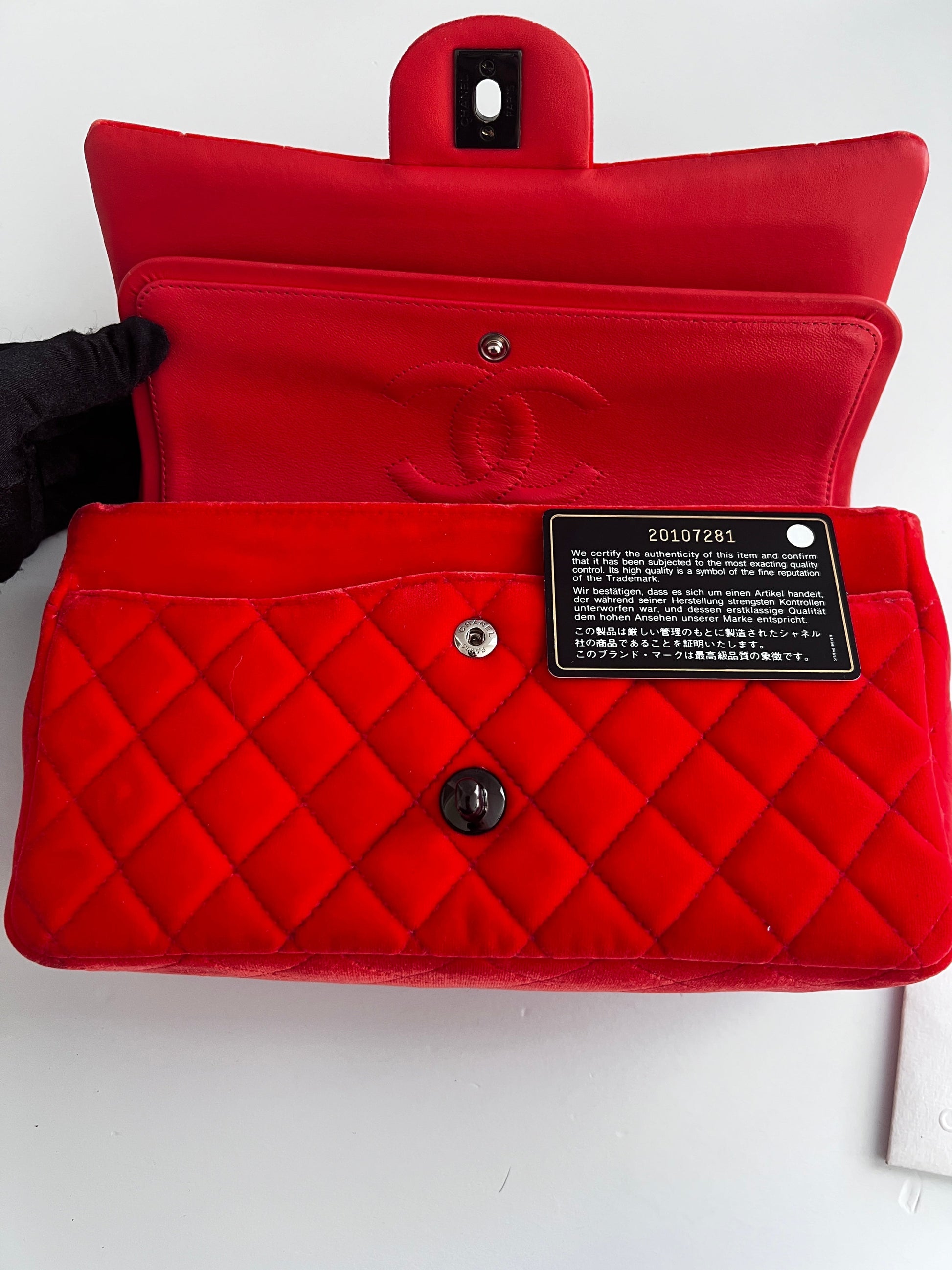 Chanel orange velvet double flap bag medium size