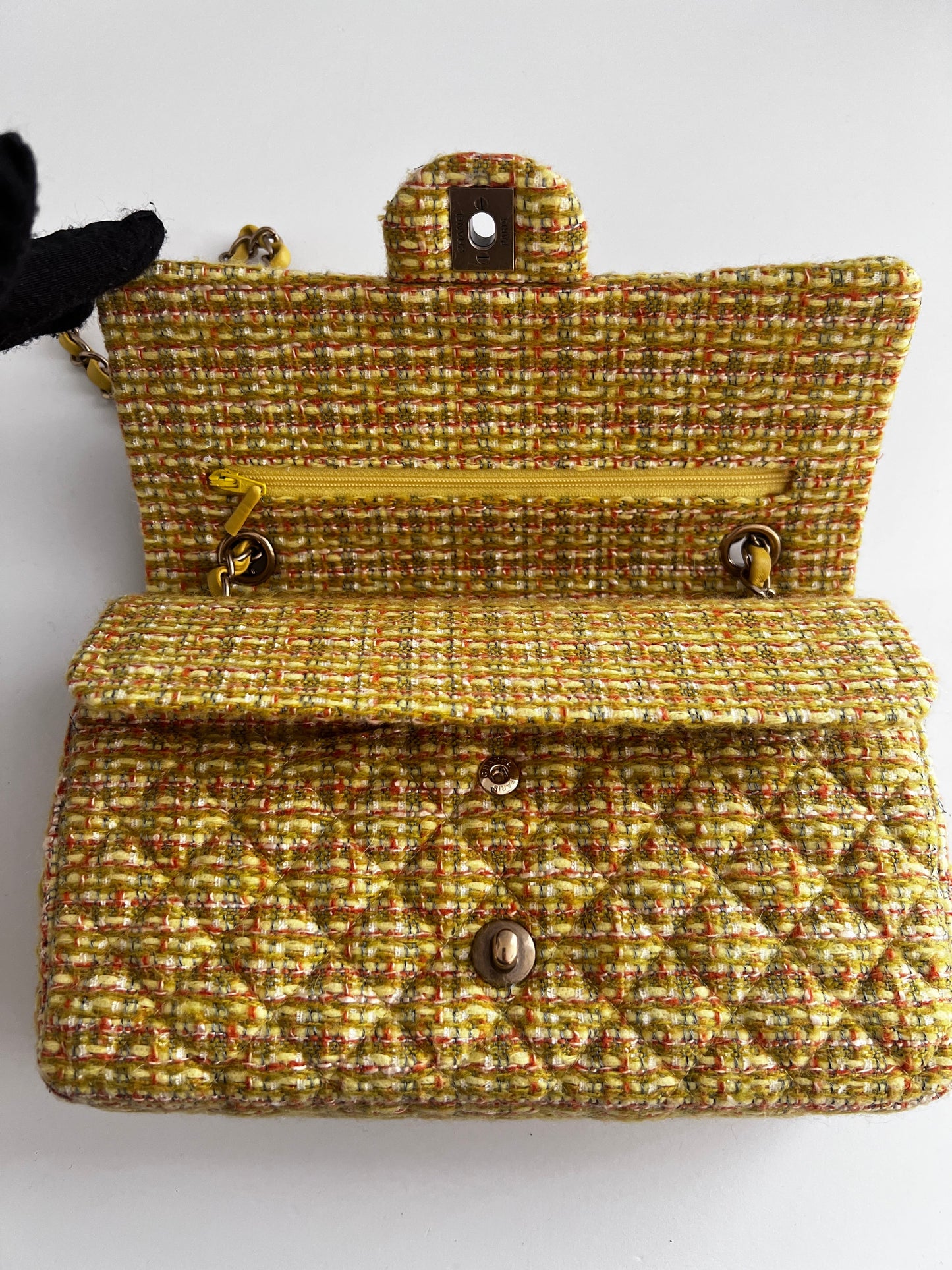 Chanel yellow tweed medium size double flap bag