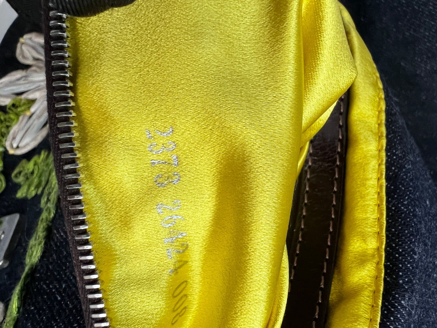 Vintage Fendi raffia raffia embroidered denim baguette