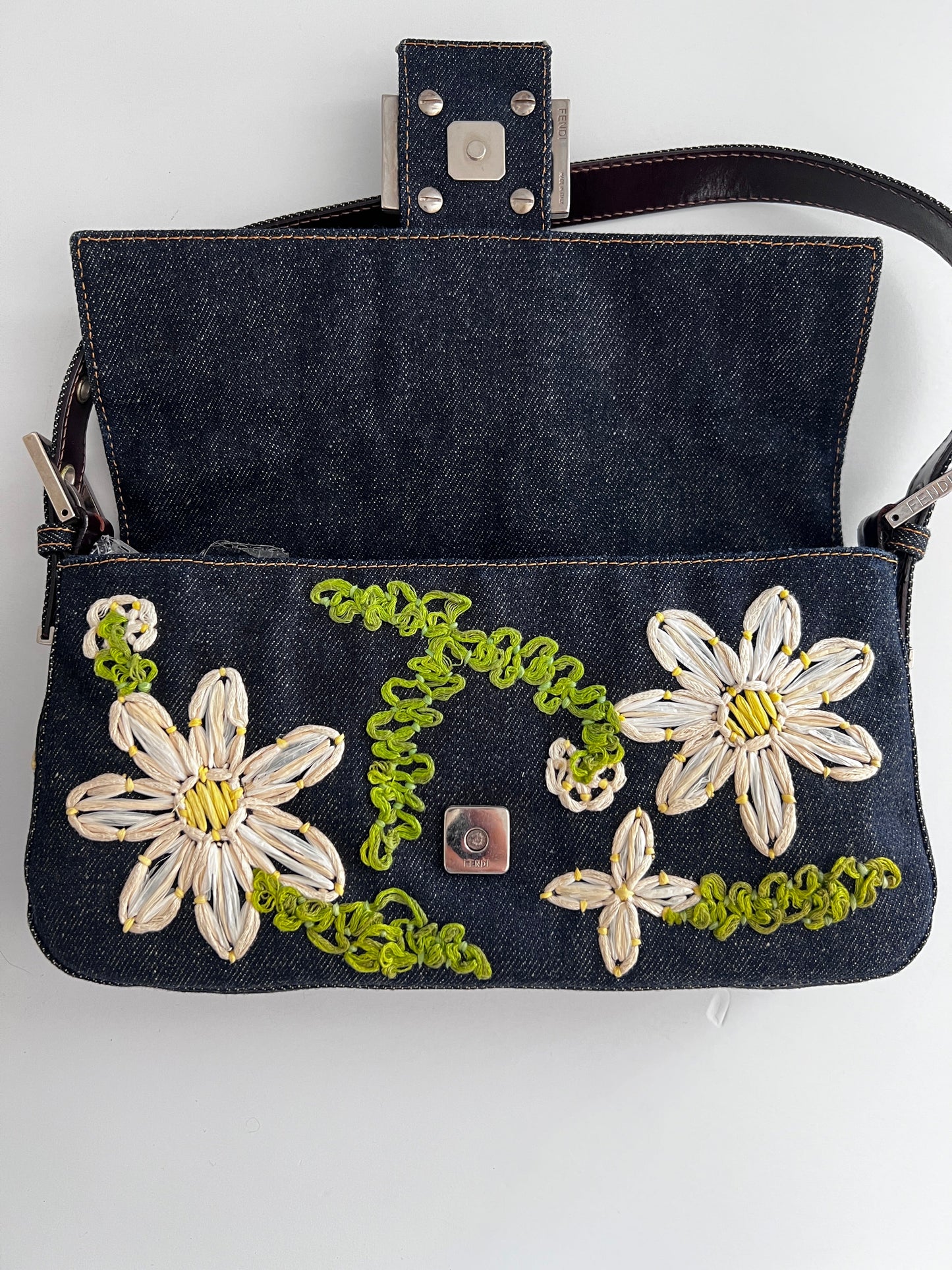 Vintage Fendi raffia raffia embroidered denim baguette