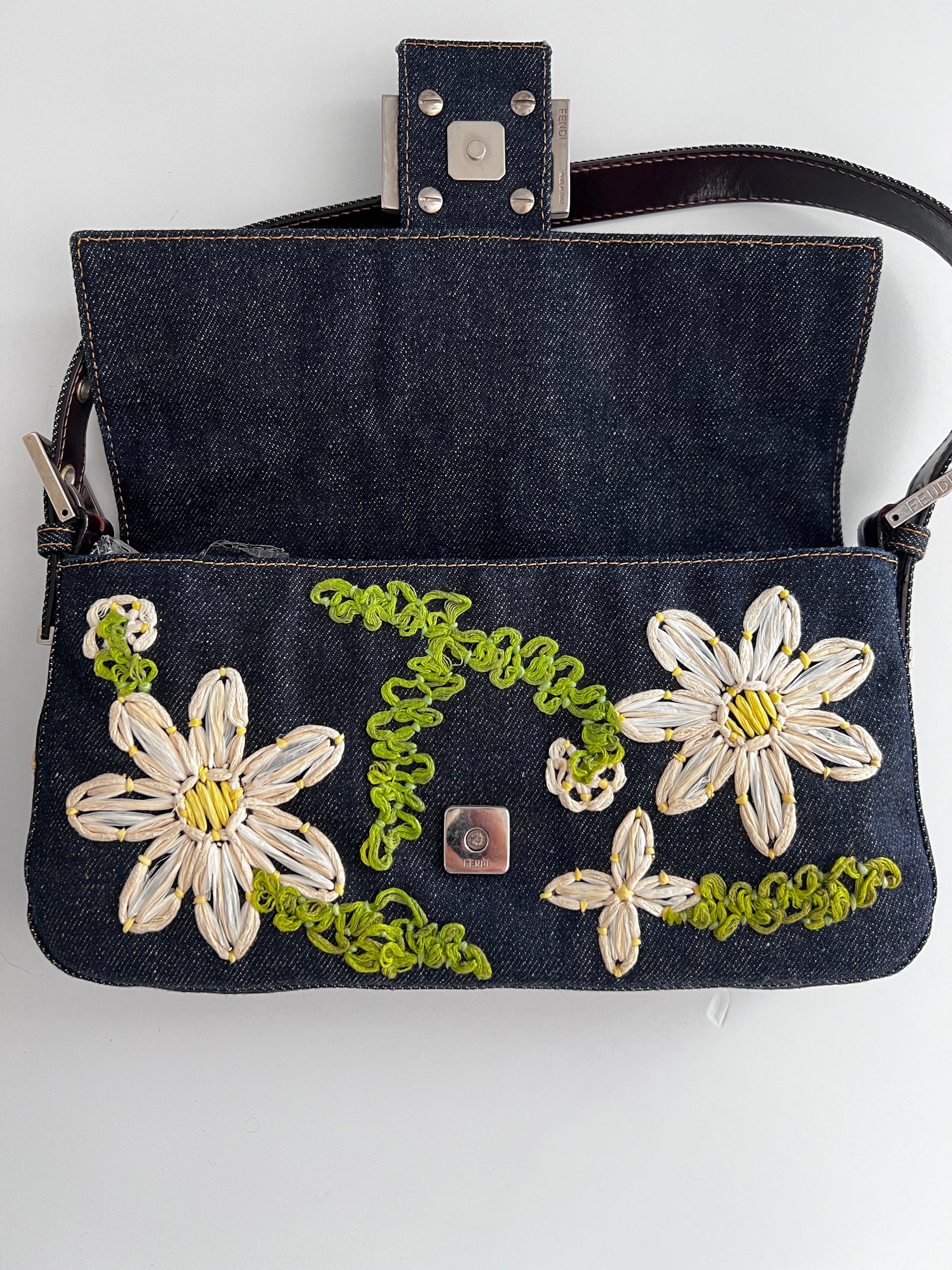 Vintage Fendi raffia raffia embroidered denim baguette