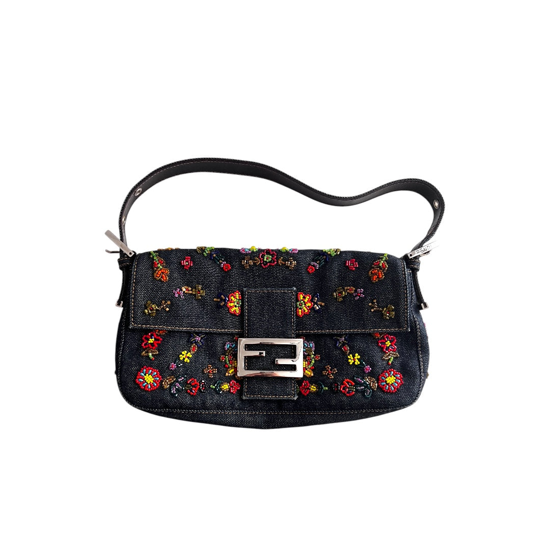 Fendi Floral Beaded Embroidered Denim Baguette