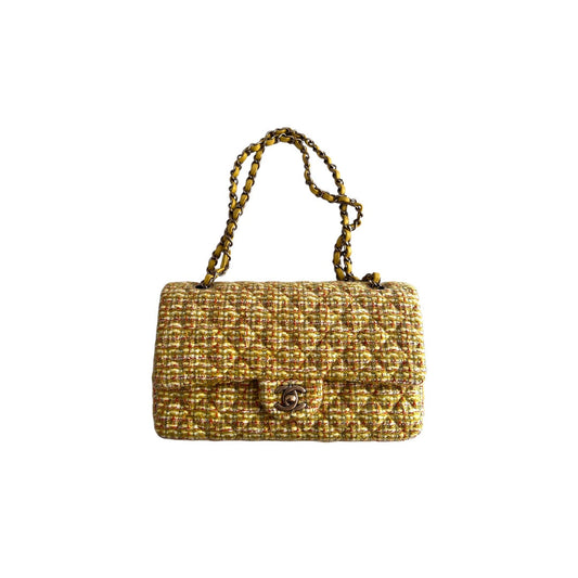 Chanel yellow tweed medium size double flap bag
