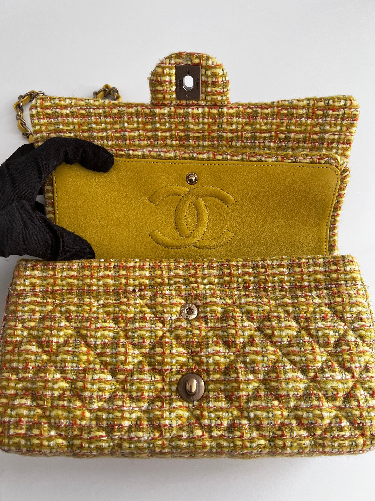 Chanel yellow tweed medium size double flap bag