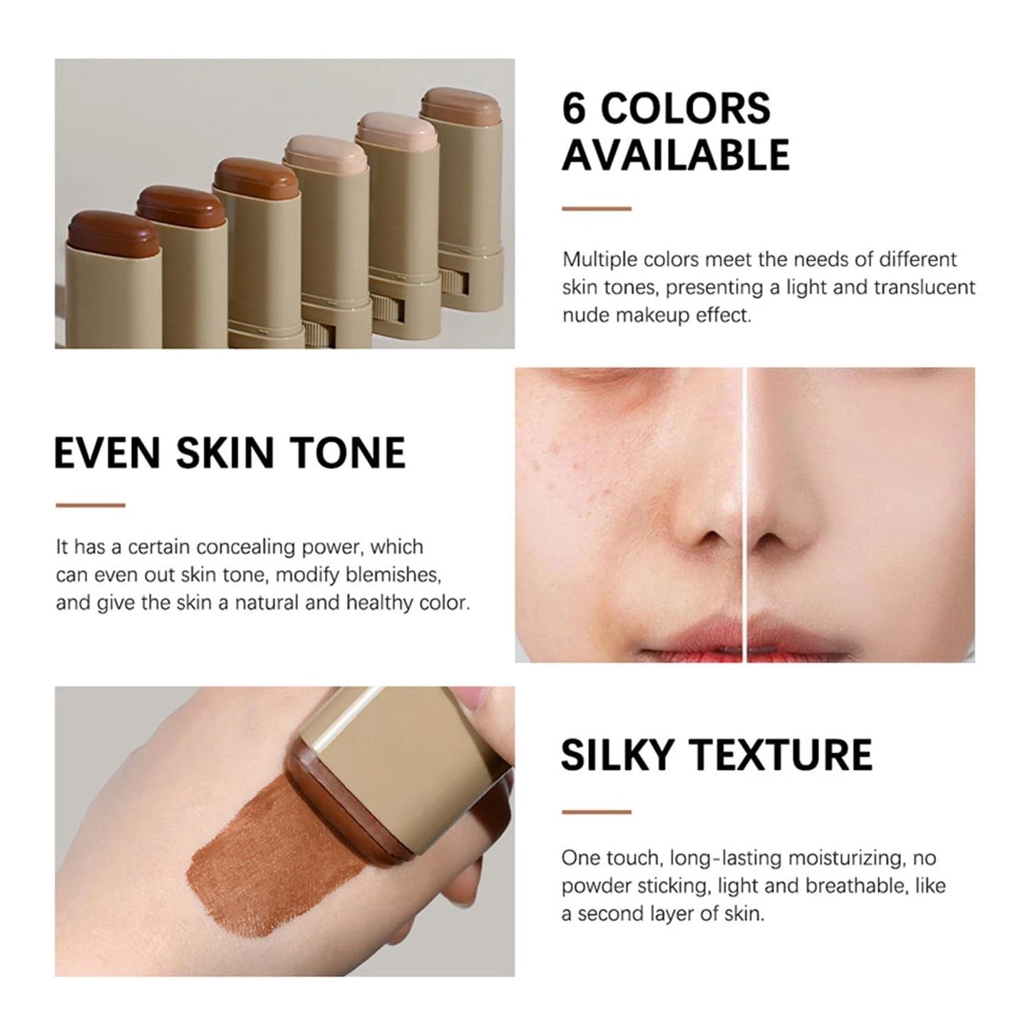 Foundation Stick - Skin Tint & Contour Stick, Serum-Boosted Beauty Balm, Buildable Coverage, Natural Finish, Long-Lasting Wear, For Many Skin Tones